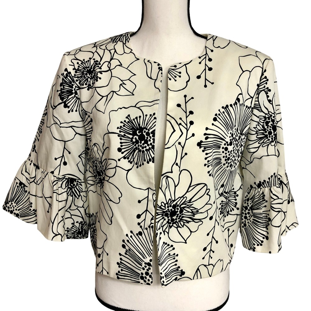 Jessica Howard 90s Black‎ White Abstract Flower Ruffle Sleeve Jacket Large 14
